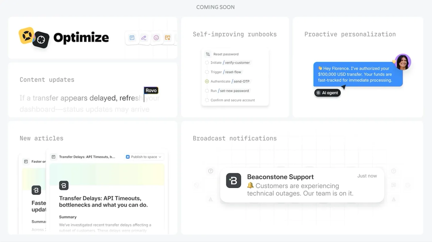 Four previews of the upcoming Optimize features: content updates, self-improving runbooks, proactive personalisation and broadcast notifications