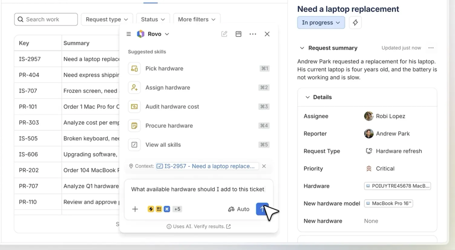 A Jira Service Management request “Need a laptop replacement”, next to it the Rovo assistant with suggested skills such as selecting and assigning hardware