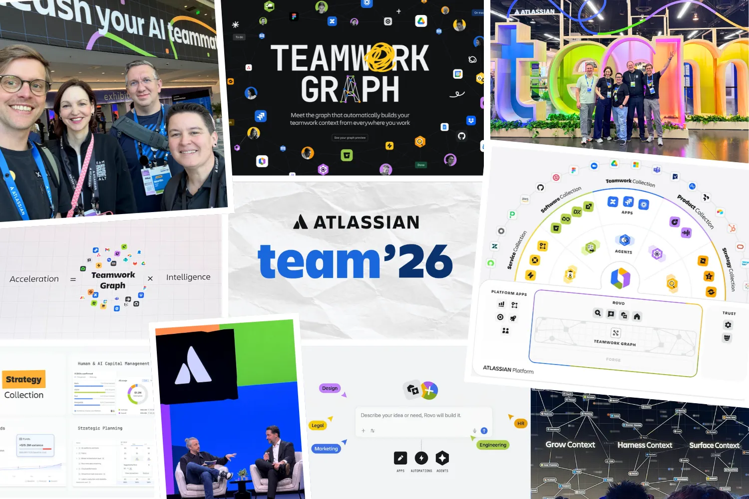 Collage from Atlassian Team ’26: the XALT team at the venue and in front of the big “team” letters, the Teamwork Graph launch slide, the formula Acceleration = Teamwork Graph × Intelligence, the Atlassian platform diagram, Strategy Collection screens and a fireside chat on stage
