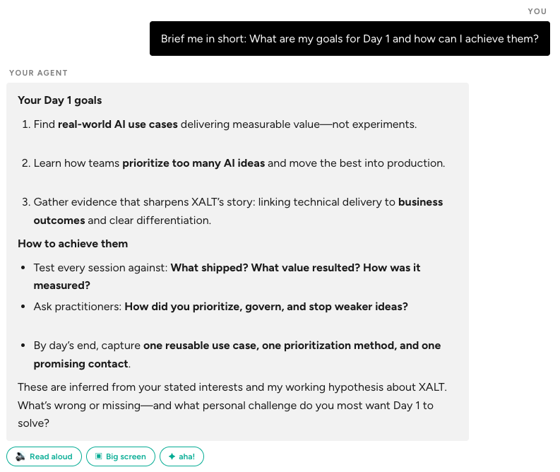 Screenshot of the IT Revolution Event Chief of Staff briefing Day 1 goals and how to achieve them